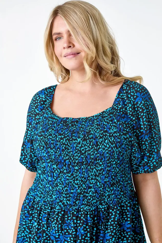 Women Blue Curve Floral Longline Stretch Shirred Top Roman Tops