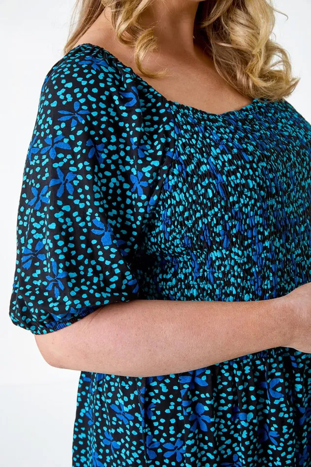 Women Blue Curve Floral Longline Stretch Shirred Top Roman Tops