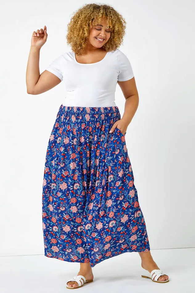 Women Blue Curve Floral Print Elastic Waist Maxi Skirt Roman Skirts