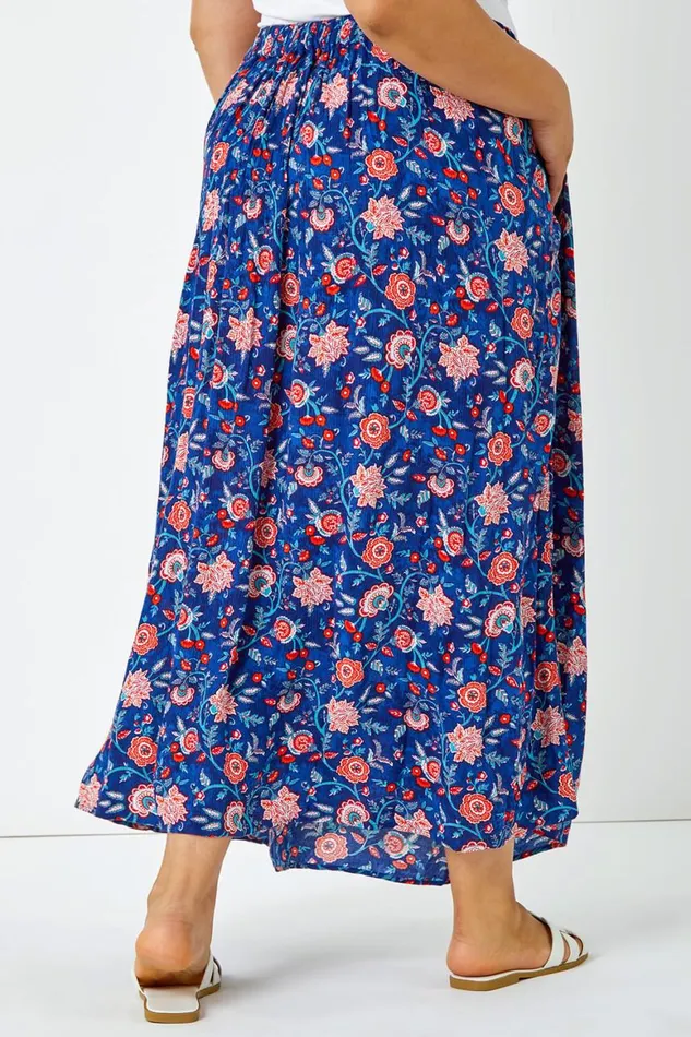 Women Blue Curve Floral Print Elastic Waist Maxi Skirt Roman Skirts