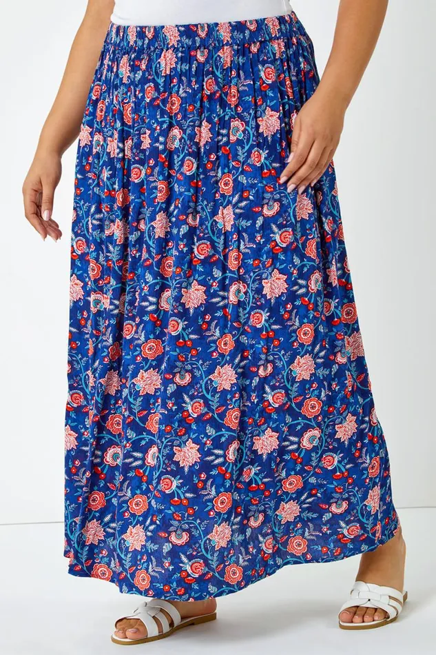 Women Blue Curve Floral Print Elastic Waist Maxi Skirt Roman Skirts