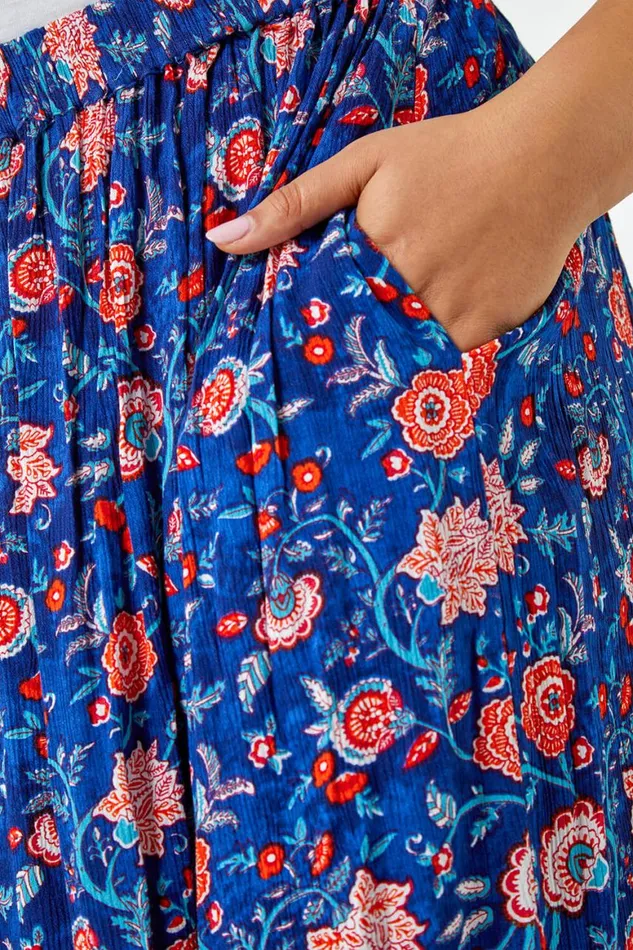 Women Blue Curve Floral Print Elastic Waist Maxi Skirt Roman Skirts