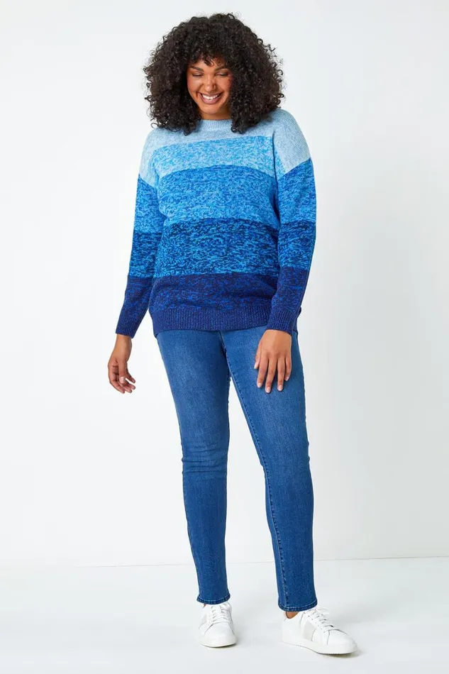 Women Blue Curve Ombre Stripe Knit Jumper Roman Knitwear
