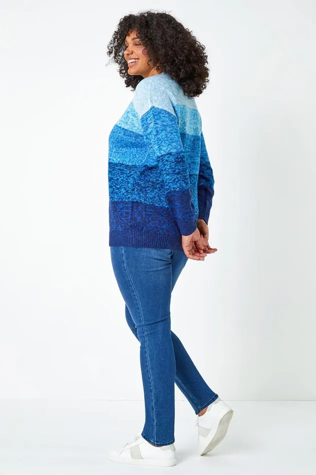 Women Blue Curve Ombre Stripe Knit Jumper Roman Knitwear