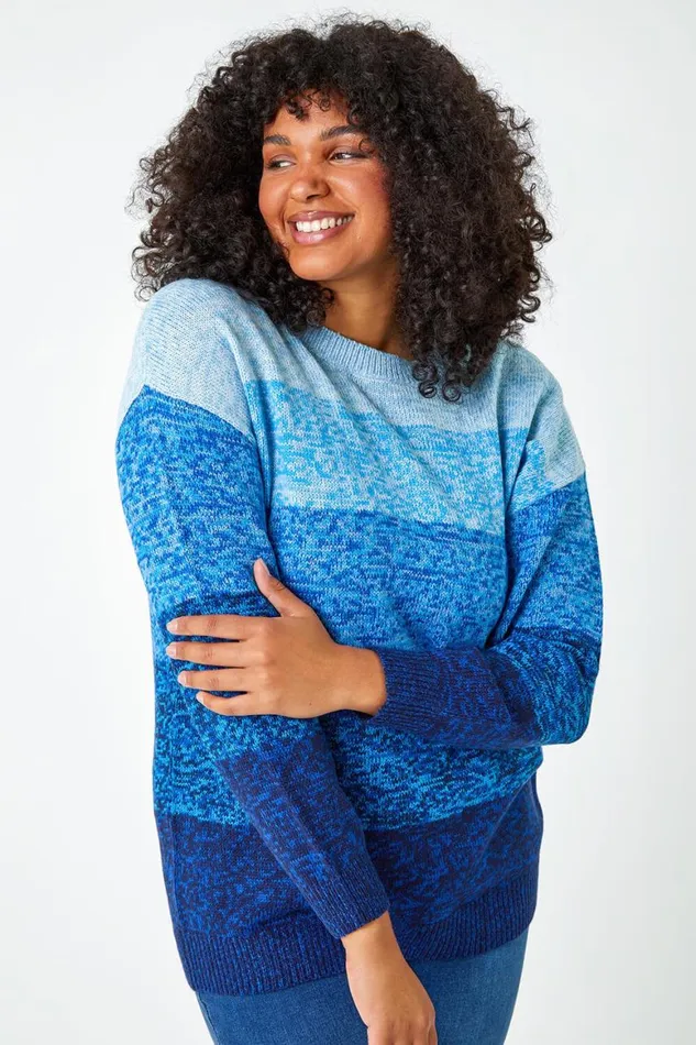 Women Blue Curve Ombre Stripe Knit Jumper Roman Knitwear