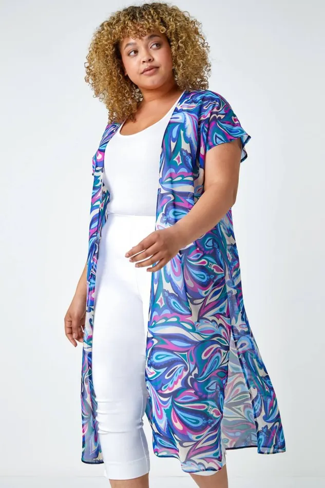 Women Blue Curve Paisley Print Longline Kimono Roman Tops