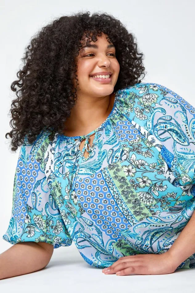 Women Blue Curve Paisley Print Tie Detail Tunic Top Roman Tops