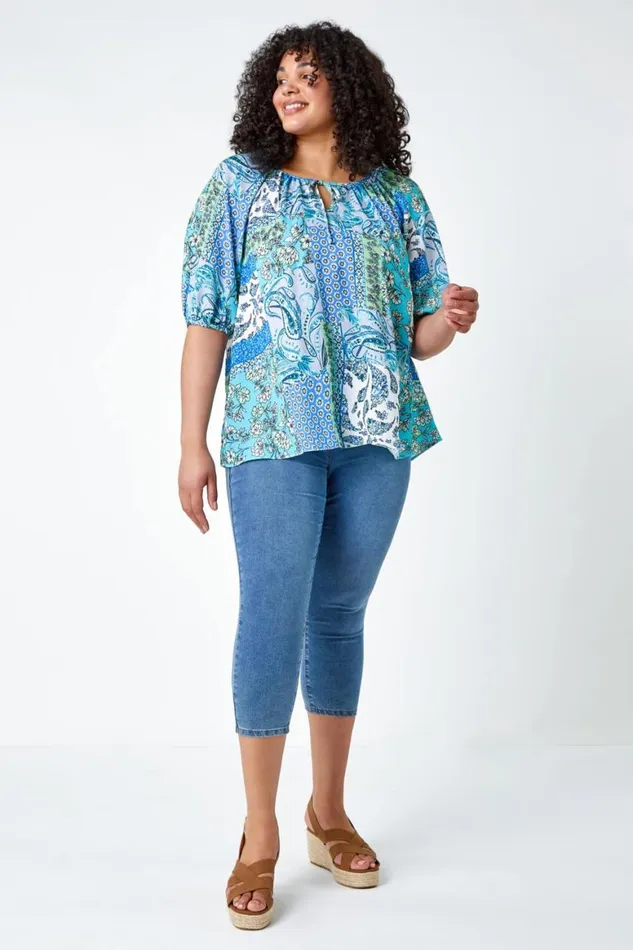 Women Blue Curve Paisley Print Tie Detail Tunic Top Roman Tops