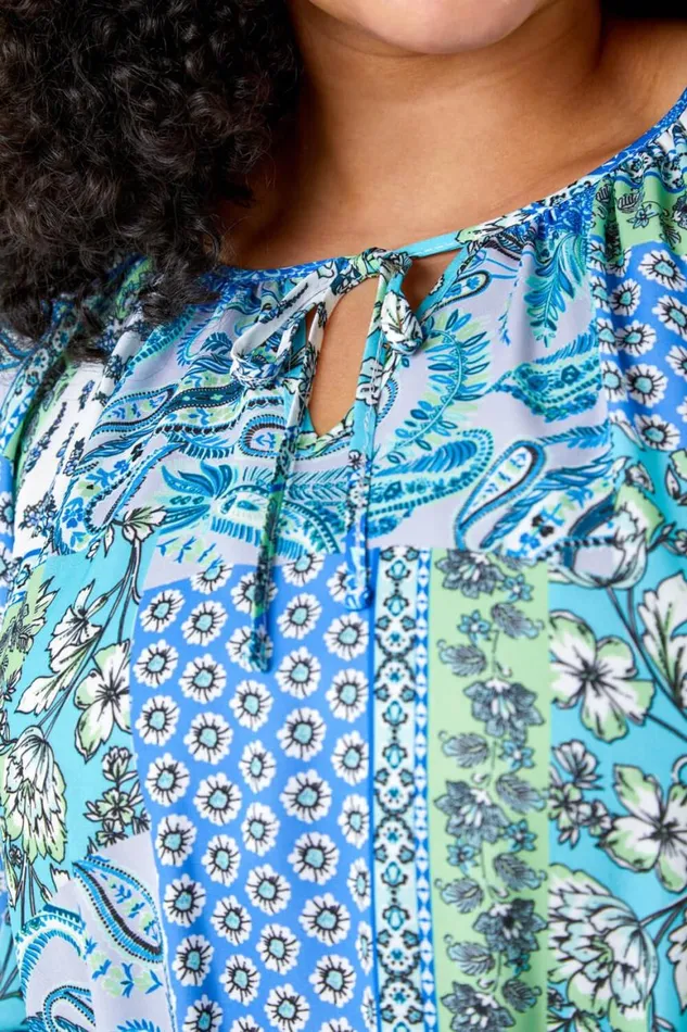 Women Blue Curve Paisley Print Tie Detail Tunic Top Roman Tops