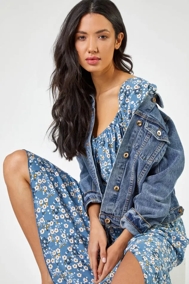 Women Blue Ditsy Floral Tie Neck Midi Dress Roman Dresses