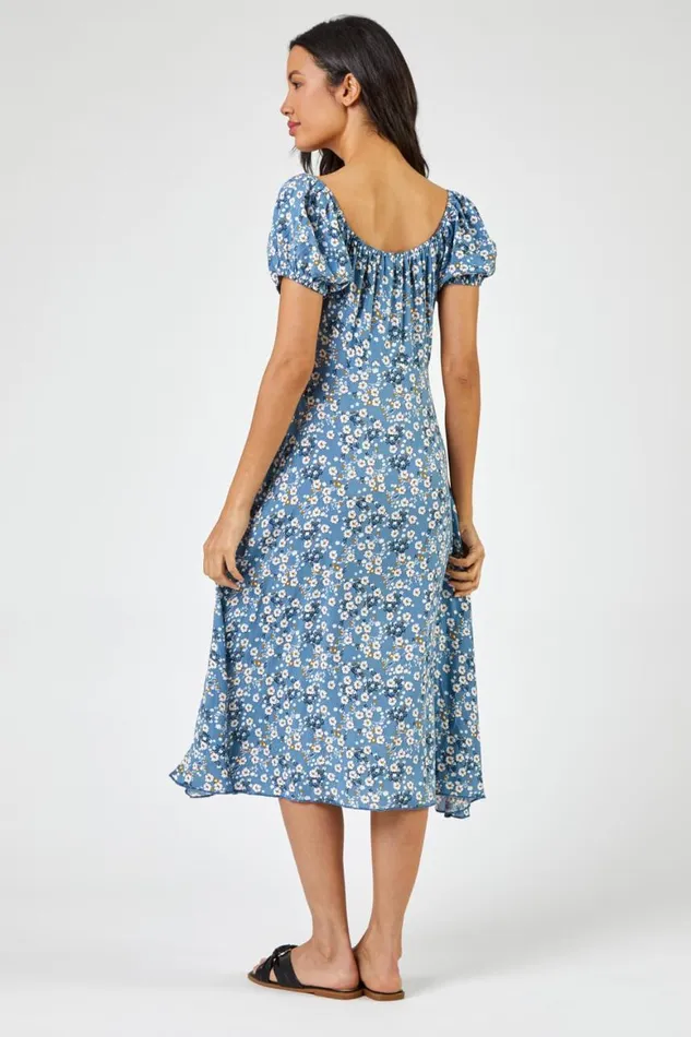 Women Blue Ditsy Floral Tie Neck Midi Dress Roman Dresses