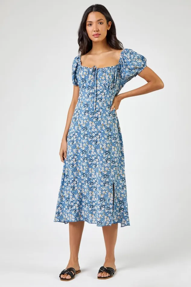 Women Blue Ditsy Floral Tie Neck Midi Dress Roman Dresses