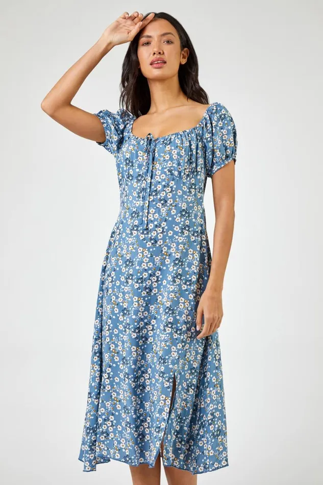 Women Blue Ditsy Floral Tie Neck Midi Dress Roman Dresses