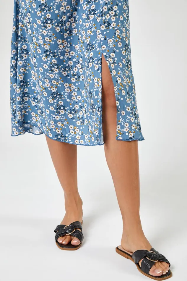 Women Blue Ditsy Floral Tie Neck Midi Dress Roman Dresses