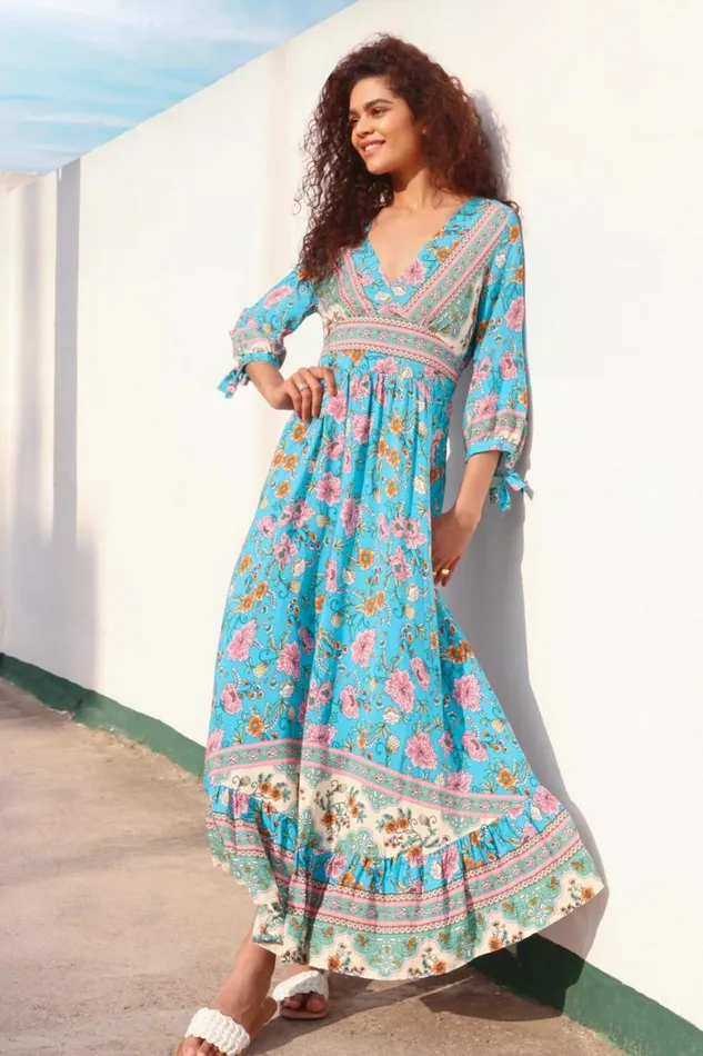 Women Blue Floral Border Print Maxi Dress Roman Dresses