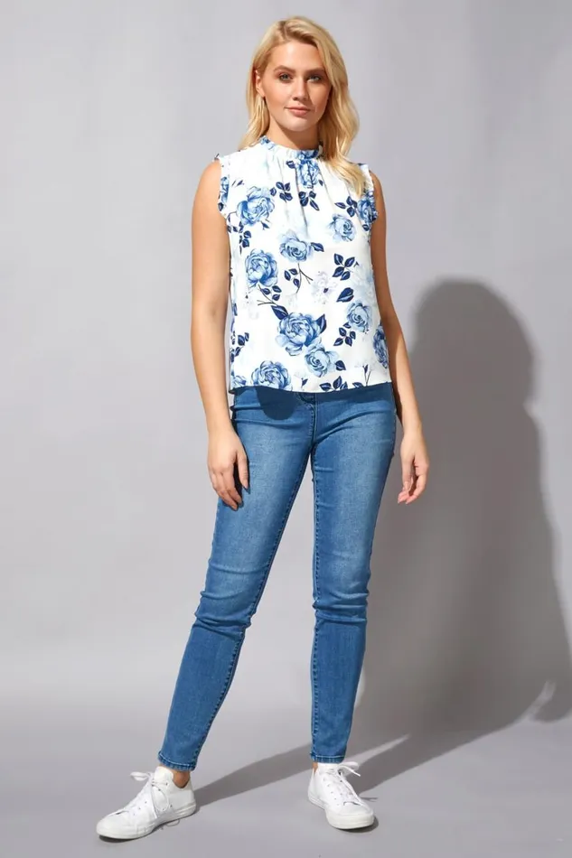 Women Blue Floral Frill Detail Top Roman Tops