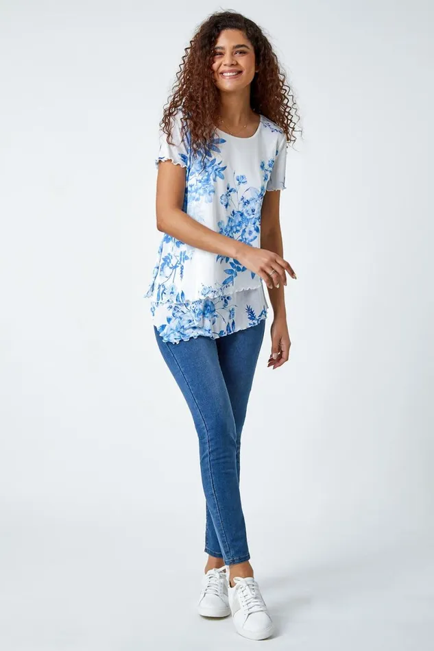 Women Blue Floral Print Asymmetric Hem Top Roman Tops