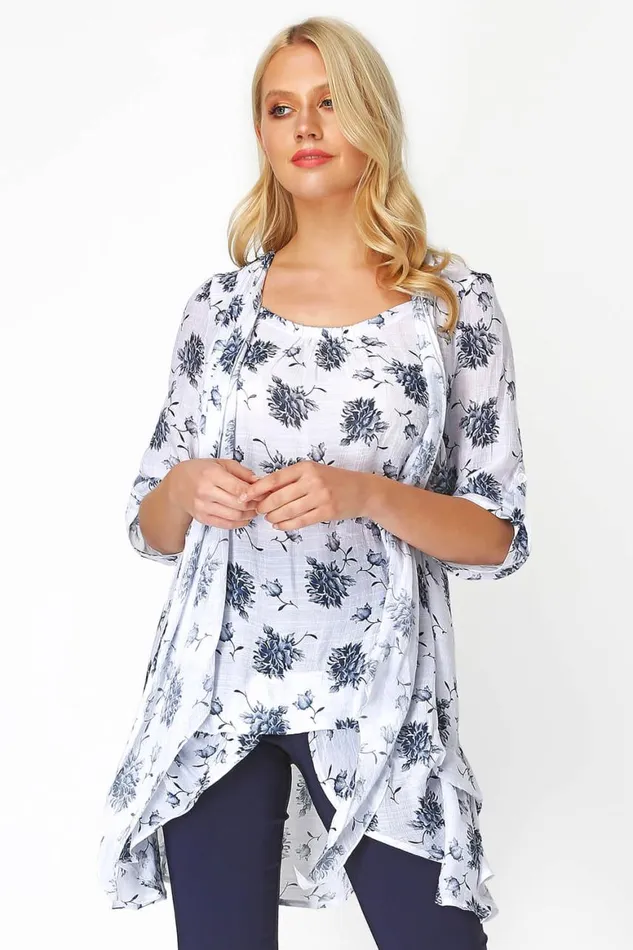 Women Blue Floral Print Crinkle Tunic Top Roman Tops