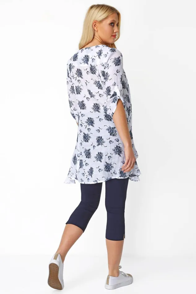 Women Blue Floral Print Crinkle Tunic Top Roman Tops