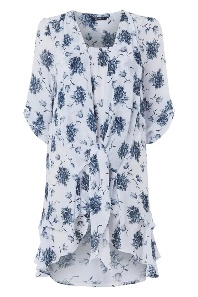 Women Blue Floral Print Crinkle Tunic Top Roman Tops