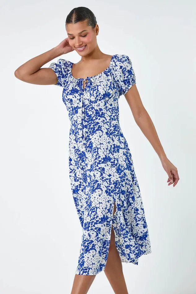 Women Blue Floral Tie Detail Midi Dress Roman Dresses