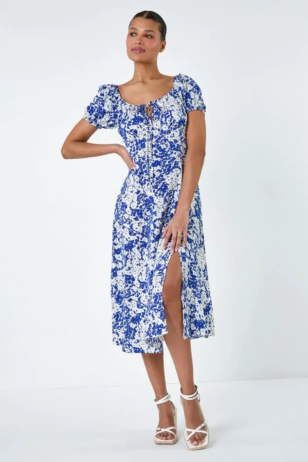 Women Blue Floral Tie Detail Midi Dress Roman Dresses
