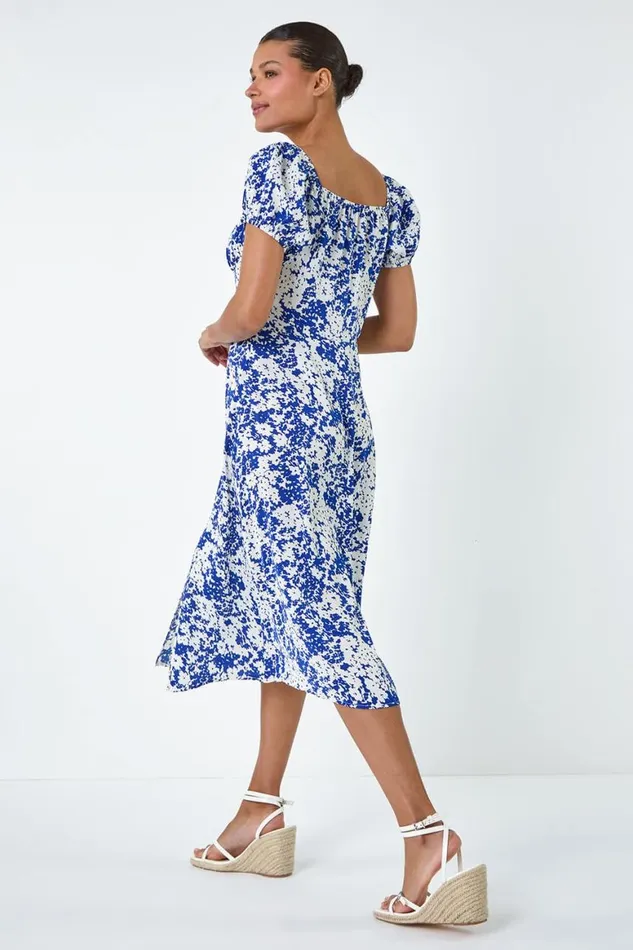 Women Blue Floral Tie Detail Midi Dress Roman Dresses