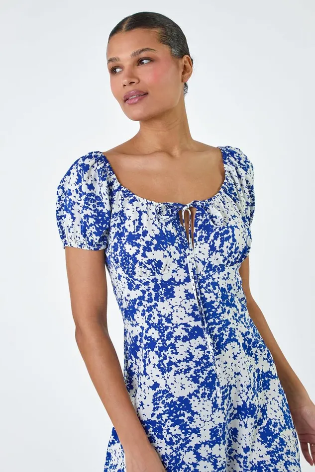 Women Blue Floral Tie Detail Midi Dress Roman Dresses
