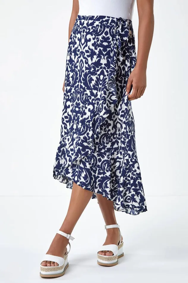 Women Blue Frill Abstract Print A Line Wrap Skirt Roman Skirts