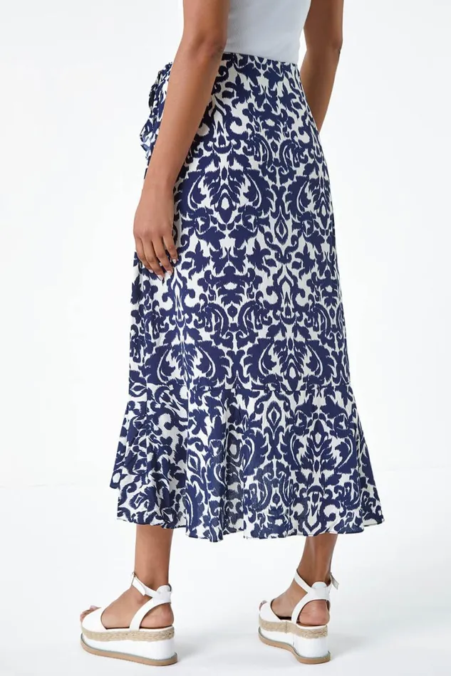Women Blue Frill Abstract Print A Line Wrap Skirt Roman Skirts