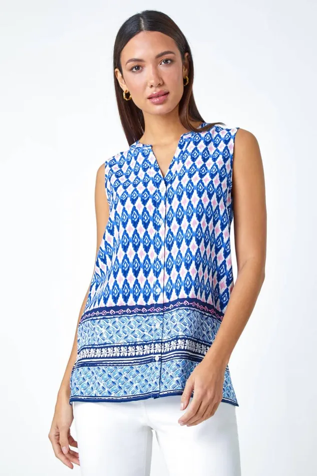 Women Blue Longline Border Print VNeck Blouse Roman Tops