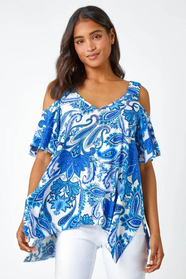 Women Blue Paisley Hanky Hem VNeck Cold Shoulder Top Roman Tops