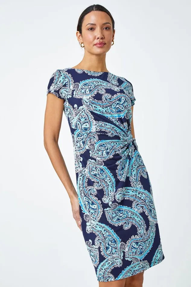 Women Blue Paisley Twist Detail Shift Stretch Dress Roman Dresses