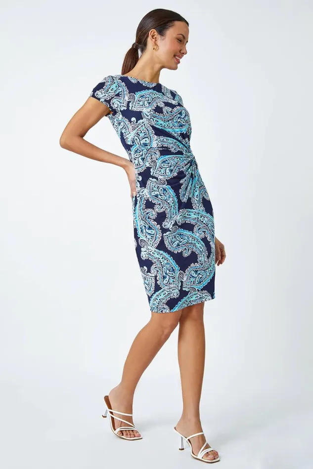 Women Blue Paisley Twist Detail Shift Stretch Dress Roman Dresses