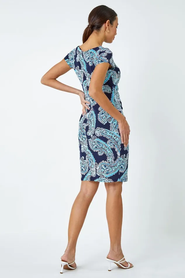 Women Blue Paisley Twist Detail Shift Stretch Dress Roman Dresses