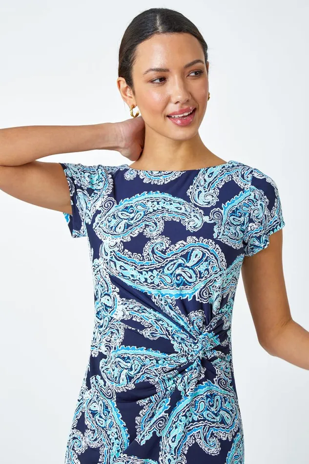 Women Blue Paisley Twist Detail Shift Stretch Dress Roman Dresses