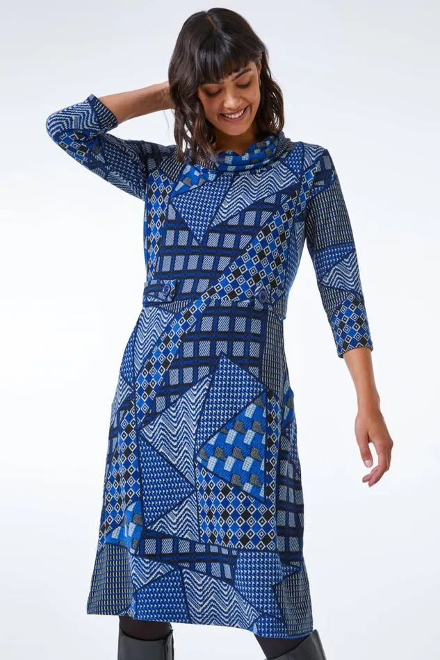 Women Blue Patchwork Cowl Neck Button Detail Dress Roman Dresses