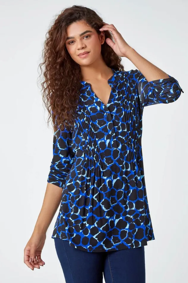 Women Blue Pebble Print Pintuck Stretch Top Roman Tops