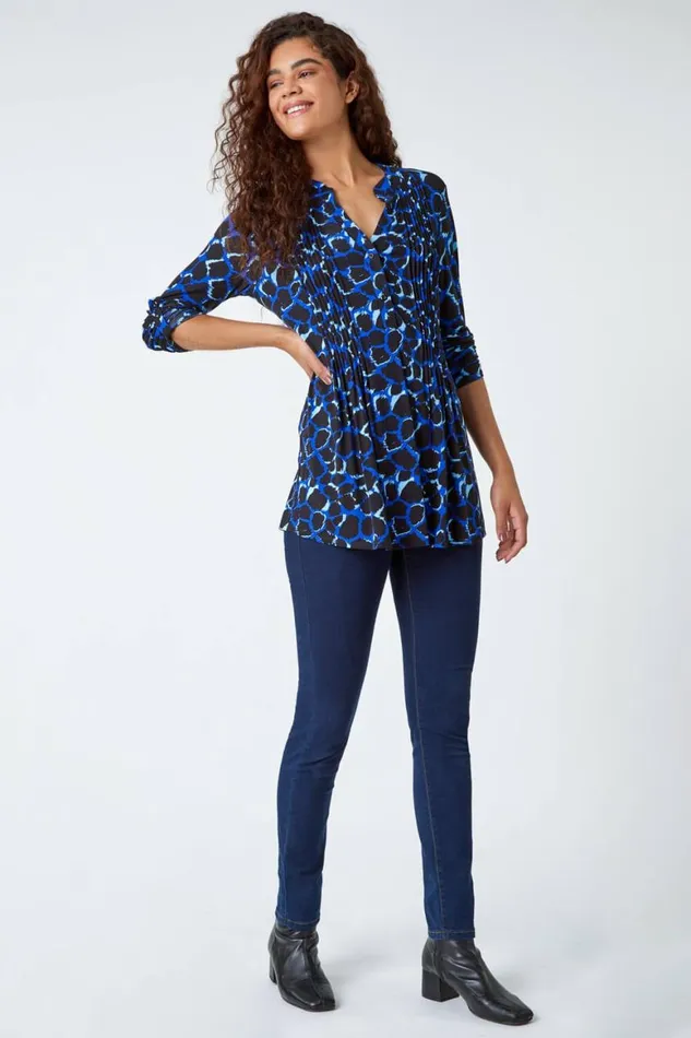Women Blue Pebble Print Pintuck Stretch Top Roman Tops