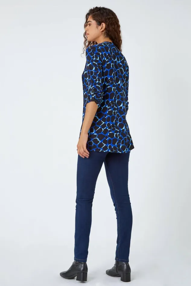 Women Blue Pebble Print Pintuck Stretch Top Roman Tops