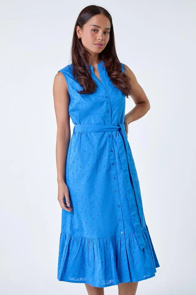 Women Blue Petite Cotton Broderie Frill Midi Dress Roman Dresses