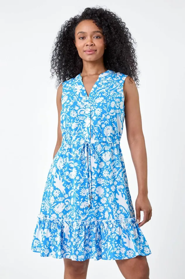 Women Blue Petite Ditsy Floral Frill Hem Shirt Dress Roman Dresses