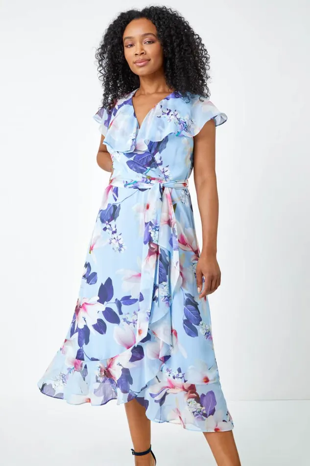 Women Blue Petite Floral Frill Hem Chiffon Dress Roman Dresses