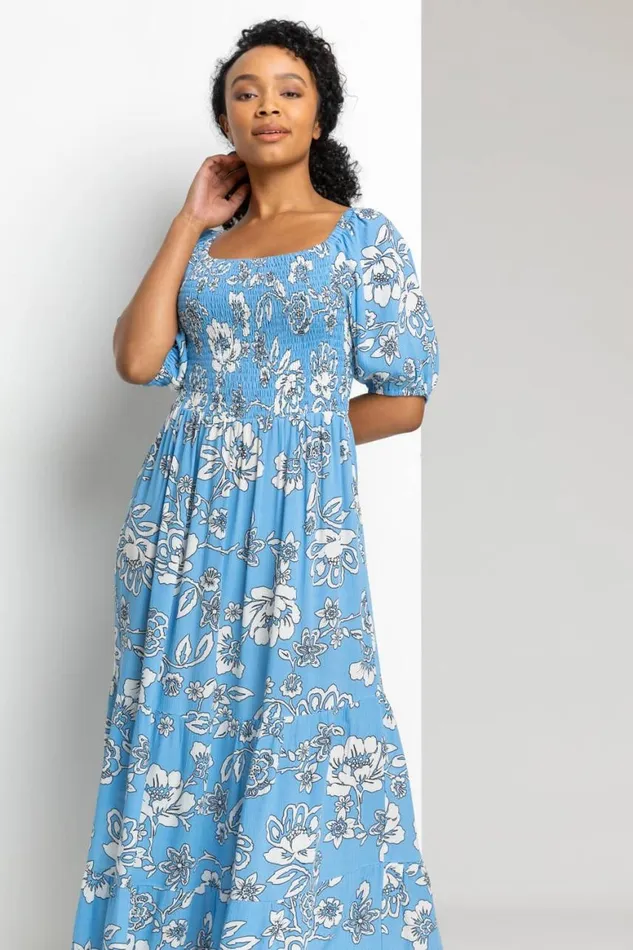 Women Blue Petite Floral Print Shirred Bodice Maxi Dress Roman Dresses
