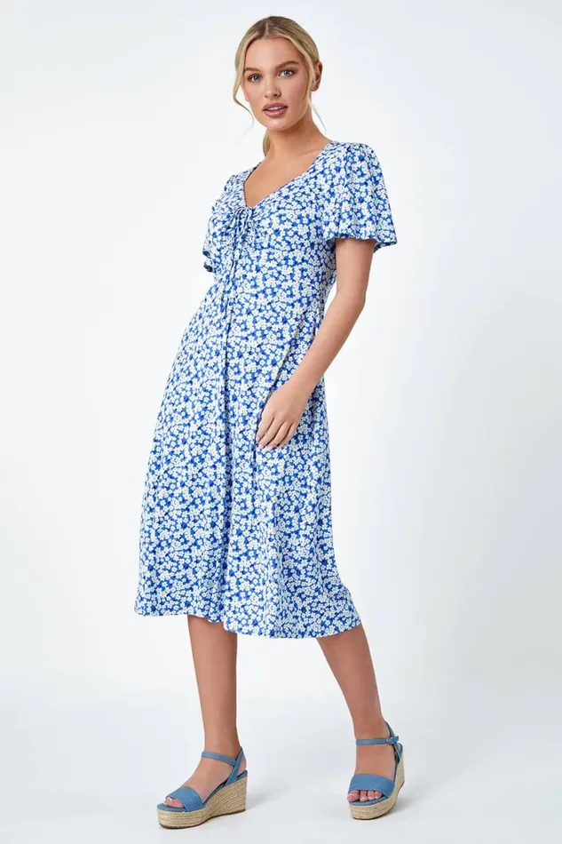 Women Blue Petite Floral Stretch Gathered Midi Dress Roman Dresses