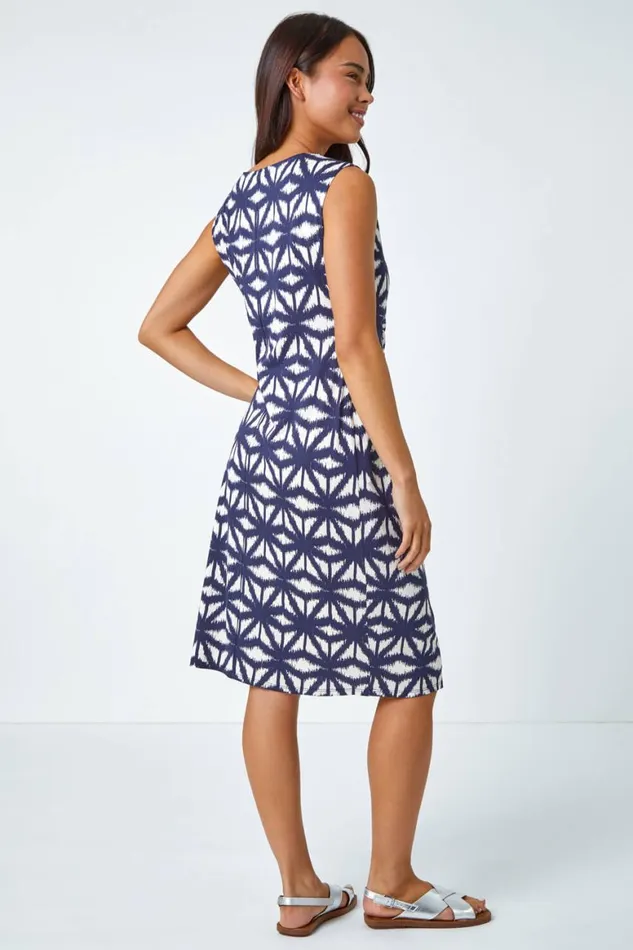 Women Blue Petite Geometric Stretch Knot Detail Dress Roman Dresses