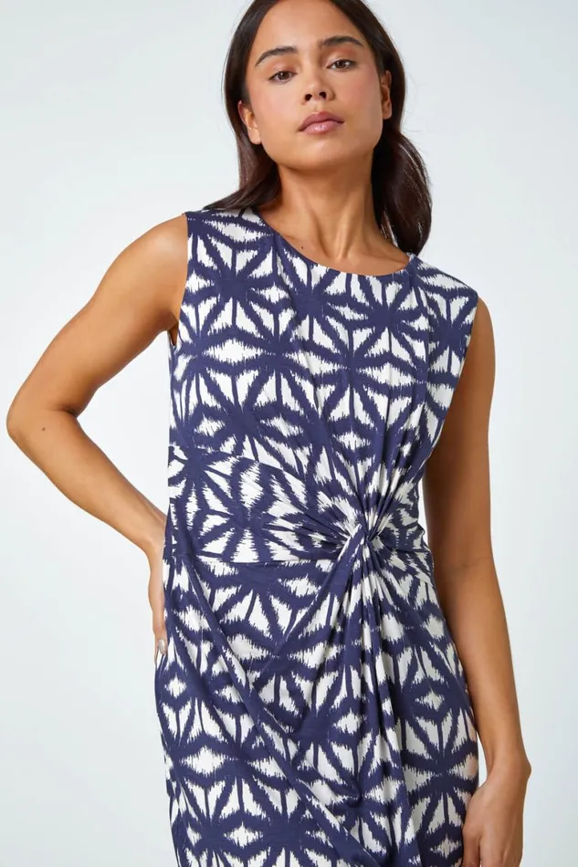 Women Blue Petite Geometric Stretch Knot Detail Dress Roman Dresses