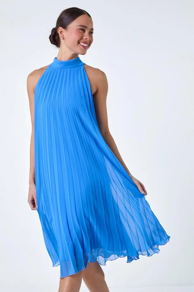 Women Blue Petite Halter Neck Pleated Chiffon Dress Roman Dresses