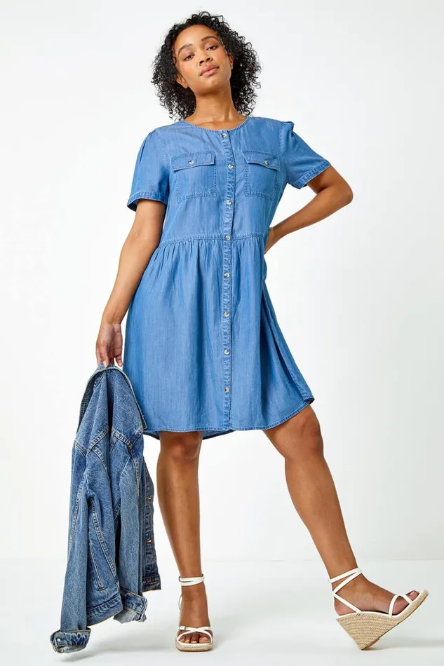Women Blue Petite Pocket Detail Denim Dress Roman Dresses