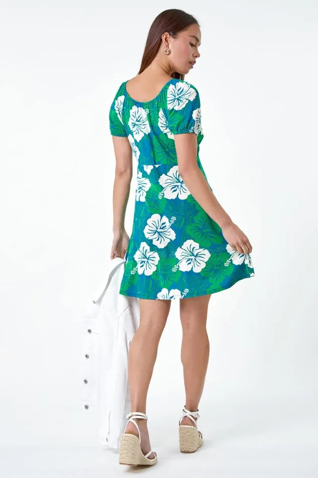 Women Blue Petite Tropical Floral Stretch Dress Roman Dresses